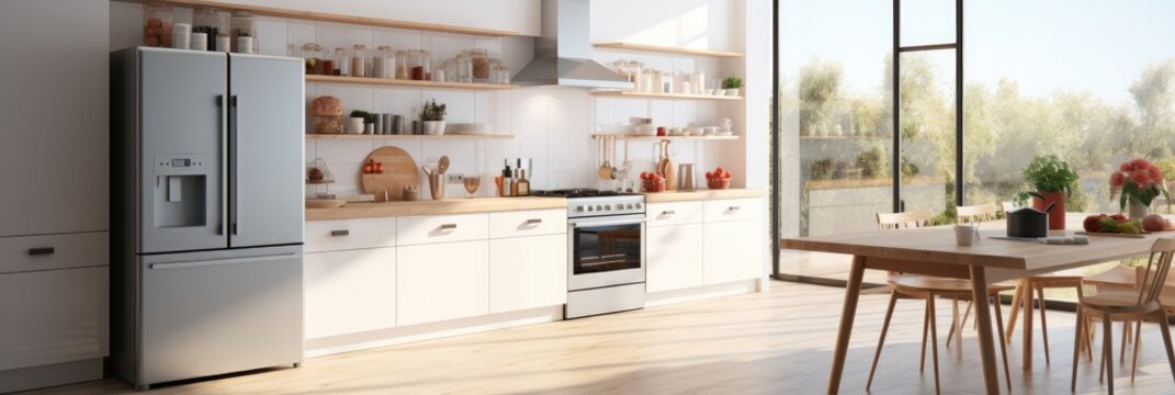 Simplicity Kitchen with Emptiness, Bright, Refrigerator. Generative AI.