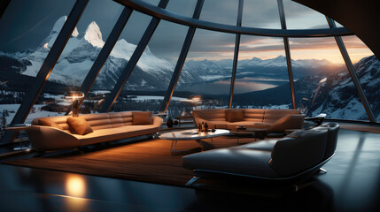 A huge luxurious futuristic spacious lounge with large panoramic windows atop of snowy mountains at night. Generative AI. - obrazy, fototapety, plakaty
