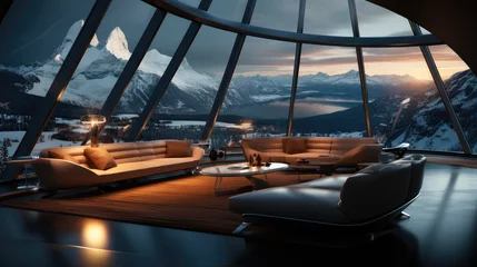 Fotobehang A huge luxurious futuristic spacious lounge with large panoramic windows atop of snowy mountains at night. Generative AI. © visoot