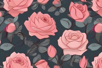 seamless pattern with roses Pink roses with green leaves overhead view - flat lay
