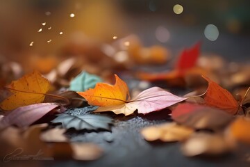 autumn leaves on the   ground Ahornblatt und Sonnenstrahlen closeup colorful autumn bright autumn leaf, beautiful serene scenery, copy space for greeting card

