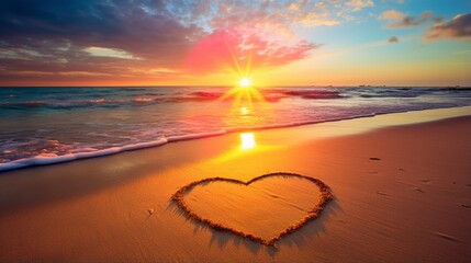 rainbow at sunset sea and heart symbol on sand romantic nature landscape - obrazy, fototapety, plakaty