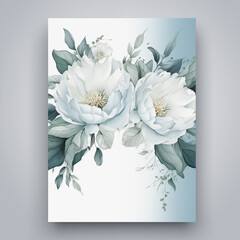 Beautiful and elegant wedding invitation card, water blue colored paper, including white peony and gum tree leaves