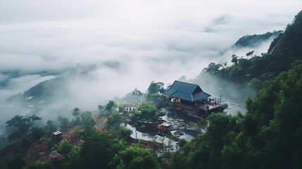 Rainy season is one of the most favorite travelling season .Tourist can enjoy scenic view full of fresh air, greenery and beautiful sea of fog on mountain top make it unforgettable. - obrazy, fototapety, plakaty