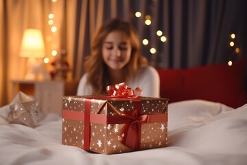 Fototapeta na wymiar A girl sat beside the bed holding a gift box in her hand, Showing a satisfied smile. Generative AI.