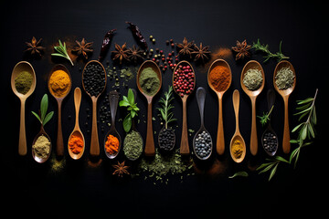 Herbs and spices for cooking on dark background
