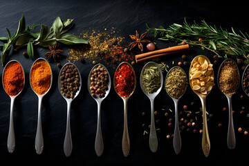 Herbs and spices for cooking on dark background
