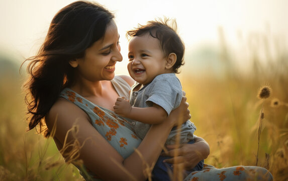 young indian mother with little baby having fun at field
