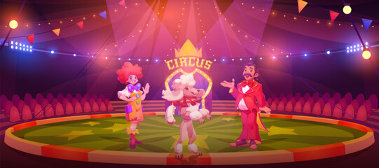 Circus stage with artists inviting for performance. Vector cartoon illustration of female clown on costume, male magician and trained poodle dog standing on arena, empty seats, entertainment show