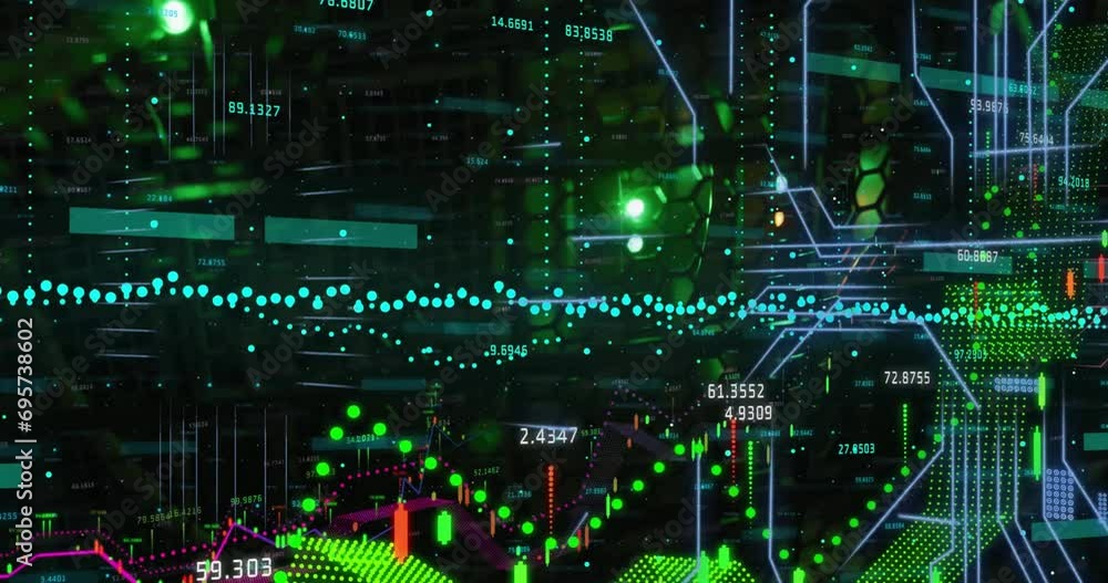 Poster animation of data processing and circuit board connections over black background