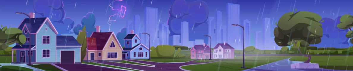 Fototapeten Suburban landscape with countryside house in rain. Cartoon vector illustration of cityscape street with private family home in wet rainy weather. Suburb with neighborhood cottages, yards and trees. © klyaksun