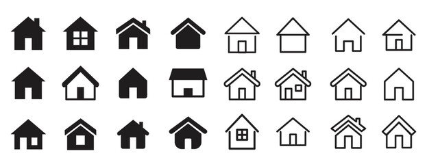 House Icon Set. Home vector illustration symbol. Collection home icons. House symbol. Set of real estate objects and houses black icons isolated on white background. Vector illustration.
