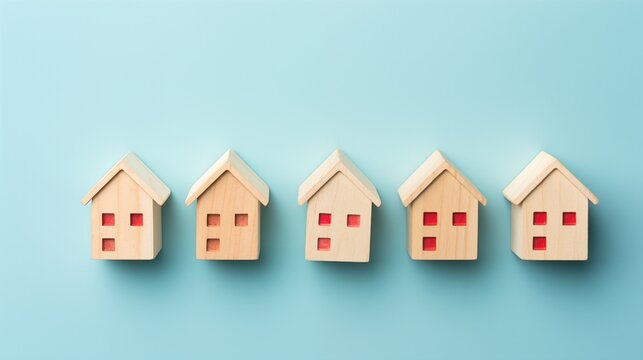 Miniature wood model house on blue background. rental, buy, real estate concept.