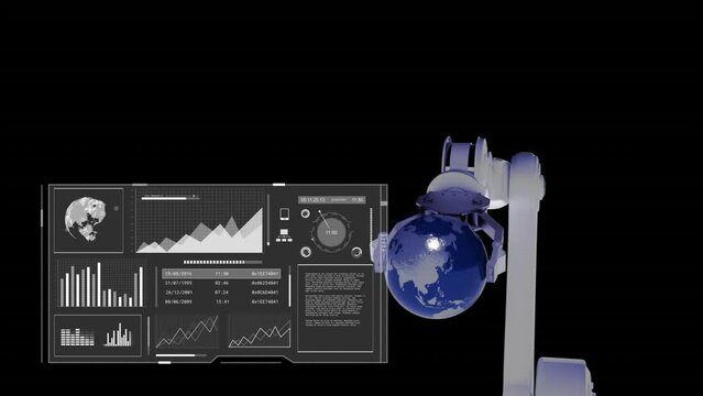 Animation of data processing over robot's arm holding globe on black background