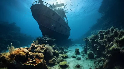 Schilderijen op glas Sunken pirate ship with surrounding sea life © 1st footage