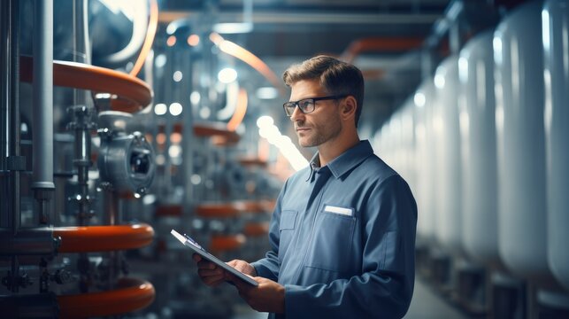 Engineer with clipboard overseeing production line machinery. Generative AI.