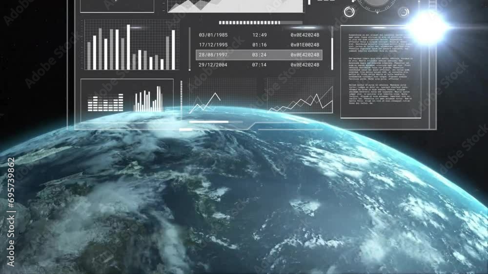 Poster animation of data processing over globe on black background