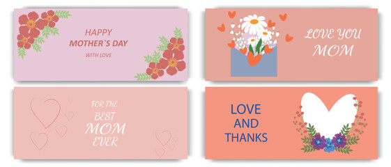 Happy Mother's Day elegant horizontal greeting banners. Vector text flowers and heart for your beloved mom. The best greeting cards.