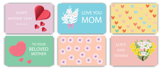 Fototapeta na wymiar A set of Mother's Day greeting cards with bouquets of flowers and hearts on backgrounds in bed colors. Holiday concept. Vector illustration.