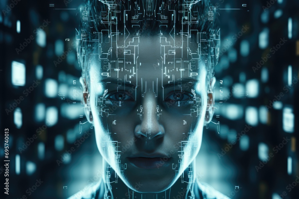 Leinwandbilder 3d rendering image of face recognition in digital and glitch style, light black and cyan colors. gen