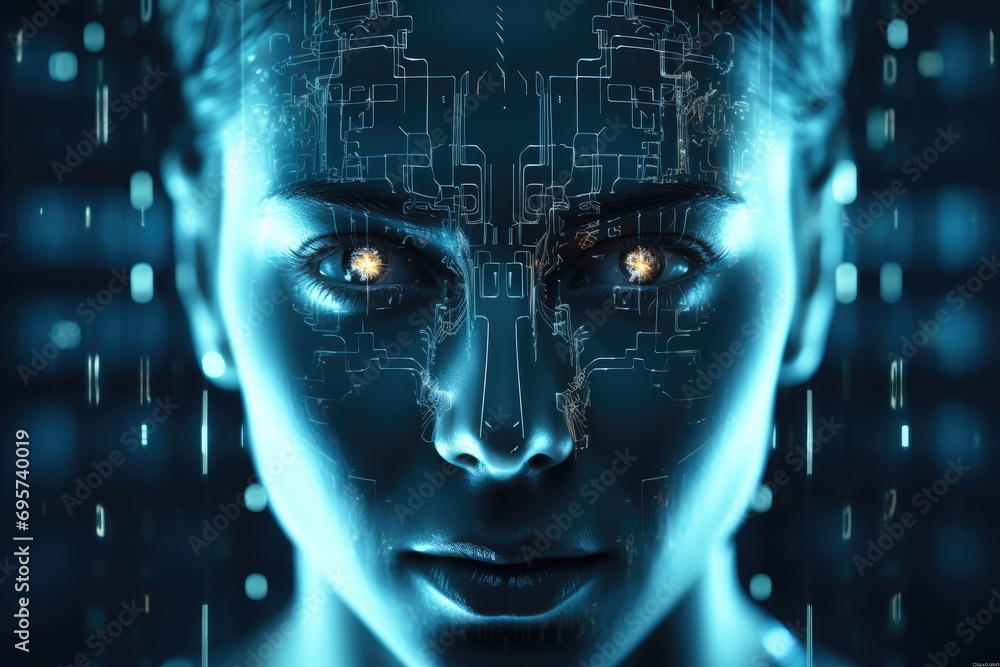 Fototapete 3D rendering image of face recognition in digital and glitch style, Light black and cyan colors. Generative AI.