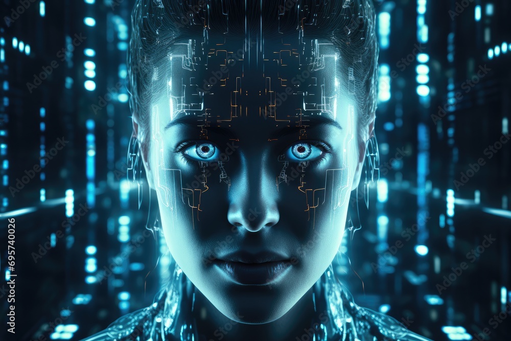 Poster 3d rendering image of face recognition in digital and glitch style, light black and cyan colors. gen