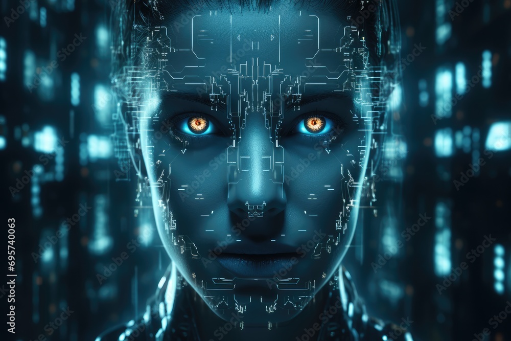 Leinwandbilder 3D rendering image of face recognition in digital and glitch style, Light black and cyan colors. Generative AI.