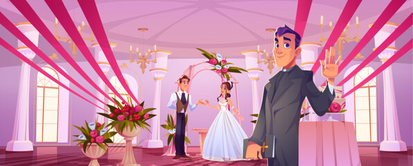 Groom and bride under wedding arch draped and decorated with flowers and pastor waving hand in festive ballroom or banquet hall. Cartoon happy couple in romantic marriage setup with rose bouquet. - obrazy, fototapety, plakaty