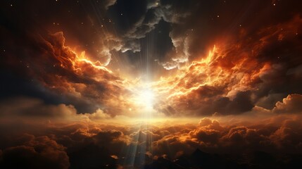 God's light in heaven symbolizes divine presence, truth, spiritual illumination, God's love, and grace. Cross-shaped light beams bless the world with heavenly light