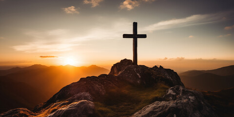Christian cross on the mountain at sunset. A symbol of the resurrection of Jesus Christ. - obrazy, fototapety, plakaty