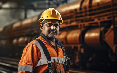 indian worker with freight train oil transport - obrazy, fototapety, plakaty