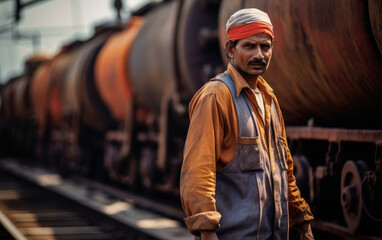 indian worker with freight train oil transport - obrazy, fototapety, plakaty