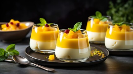 Close up of delicious Italian panna cotta dessert with mango jam in glasses decorated with fresh...