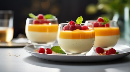 Homemade delicious panna cotta dessert with mango jam in glasses decorated with fresh raspberries and mint. Confectionery, recipes, restaurant menu. Yummy restaurant dessert.