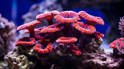 Red mushroom coral colony in the reef aquarium tank. - obrazy, fototapety, plakaty