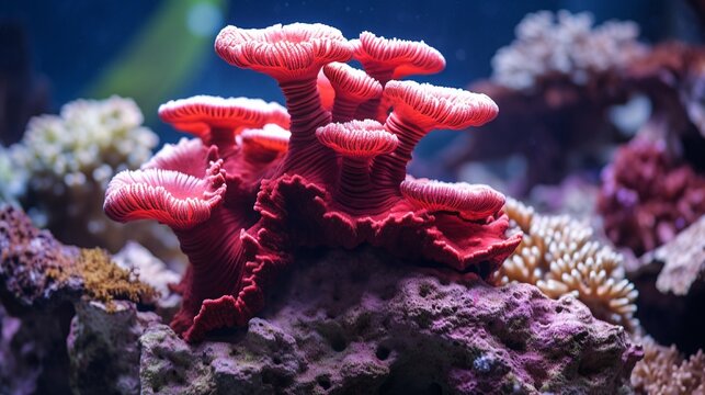 Red mushroom coral colony in the reef aquarium tank.