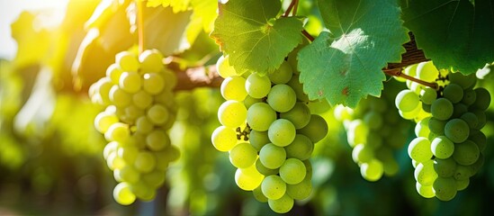 Green wine grapes ripening on grape plants during the Dutch vineyard's summer.