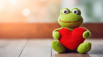Gordijnen Cute frog toy with red heart, Valentine's day. © vlntn