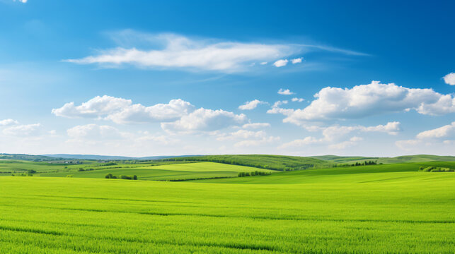 Wide panoramic view of green agricultural fields lit