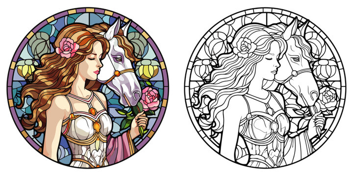 Stunning Woman And Unicorn Coloring Page: 1980s Stained Glass Inspired – Flat Color Vector On White Background