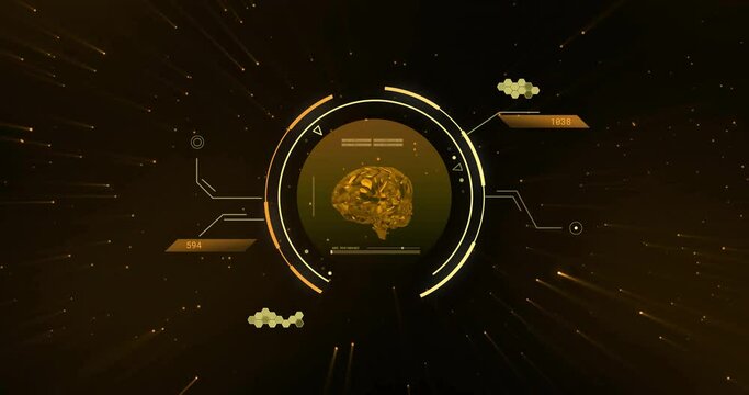 Animation of human brain and data processing over globe on black background