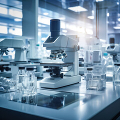 A microscope with lab glassware in modern medical laboratory.