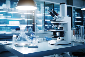 Naklejka premium A microscope with lab glassware in modern medical laboratory.