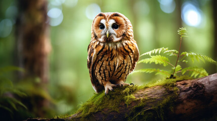 Obraz premium A tawny owl perched in forest.