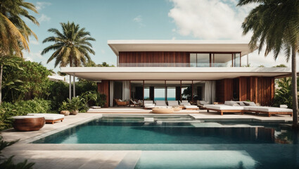 Fototapeta premium Beautiful modern style luxury exterior of a house with a pool on a tropical island. generative AI