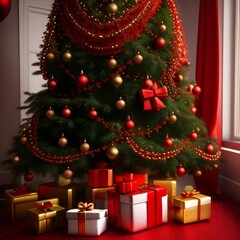 Generative Ai with an illustration of A Christmas tree decorated with red and gold ornaments and bows.
