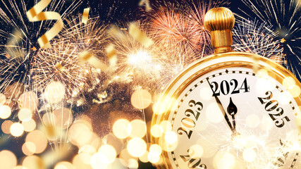 Vintage gold clock hands pointing to New Year 2024 with bokeh yellow lights, confetti and...