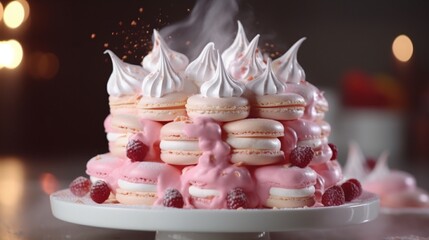 Meringue biscuits are used to garnish a pink birthday cake - Powered by Adobe