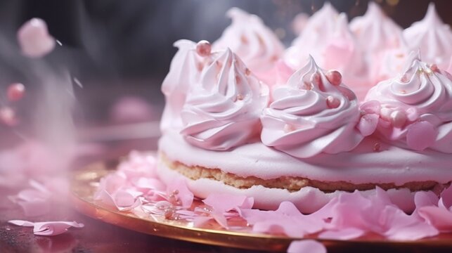 Meringue biscuits are used to garnish a pink birthday cake
