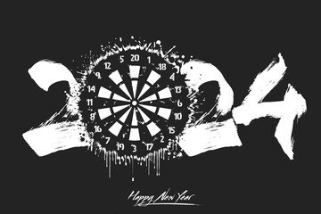 Happy New Year 2024 and dartboard - obrazy, fototapety, plakaty